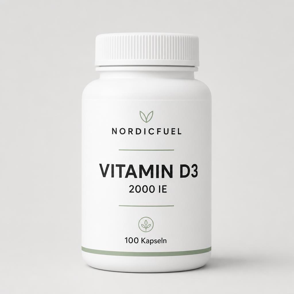 Glasflasche mit Vitamin D3 2000 IE Softgel-Kapseln von NordicFuel