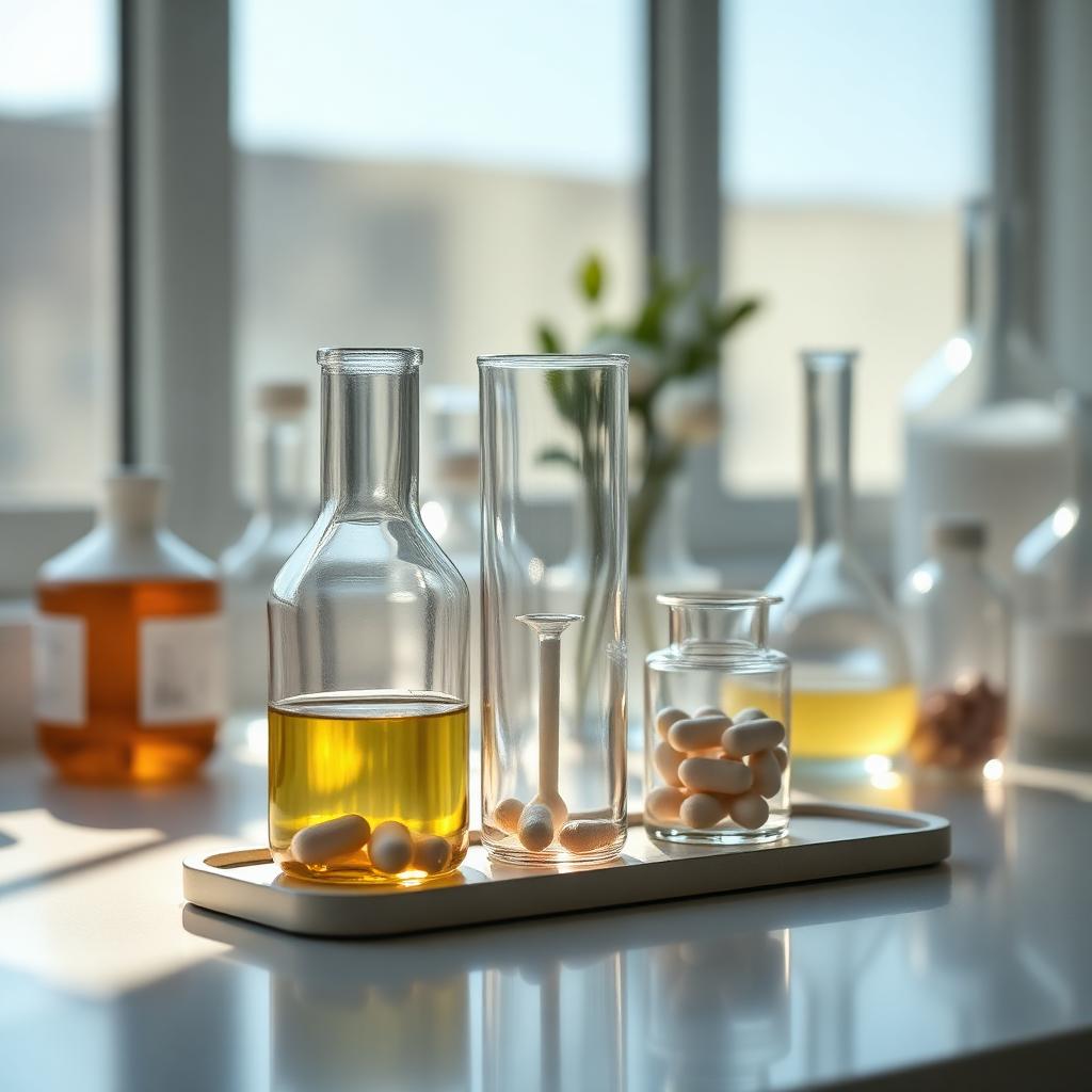 Laborglas mit Wirkstoff-Proben für Qualitätsprüfung in einer hellen, skandinavischen Prüfanlage
