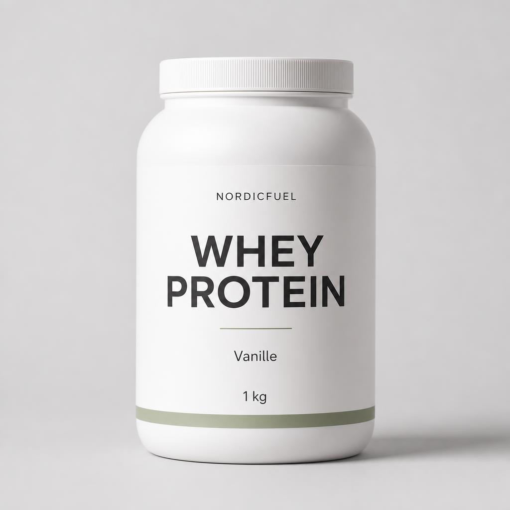 Weiße Dose Whey Protein Vanille von NordicFuel mit minimalistischem Etikett